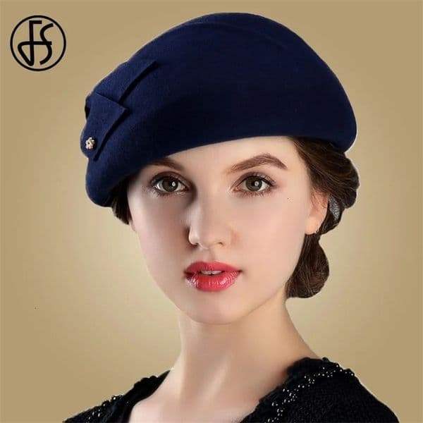 FS French Berets Caps For Women Fashion 100 Wool Felt Fedora Hat Winter Blue Purple Red Church Female Fleece Cloche Hats 240603bj