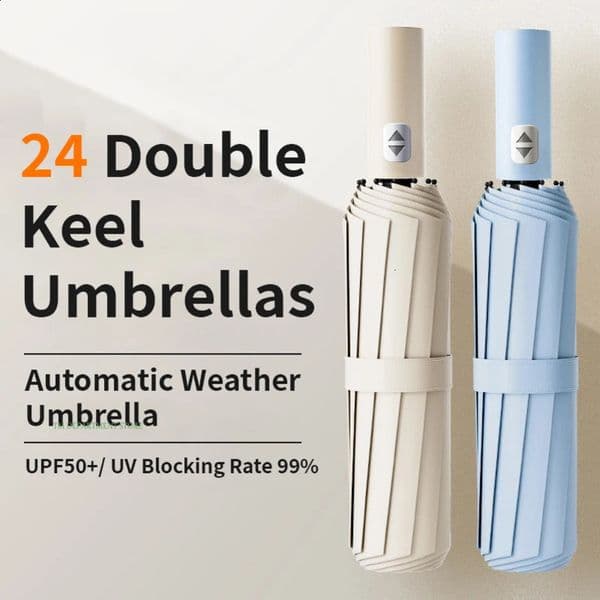 24 Bone Windproof anti-UV Fully Automatic Large Umbrella 3 Folding Ribs Double Umbrella Travel Rain Men Women Umbrellas UPF Gift 240827