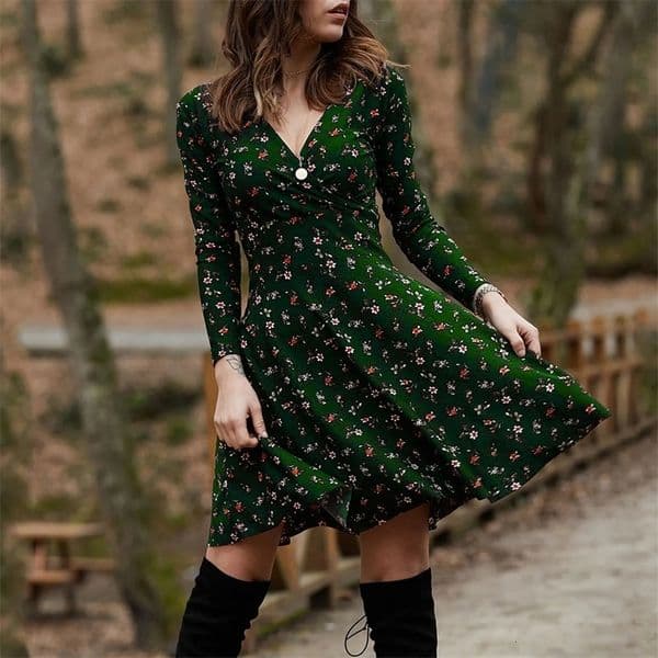 Elegant Vintage Floral Print Midi Dress Women Retro High Waist Draped Long Sleeve Swing Female Dresses Autumn V Neck Dress 240822