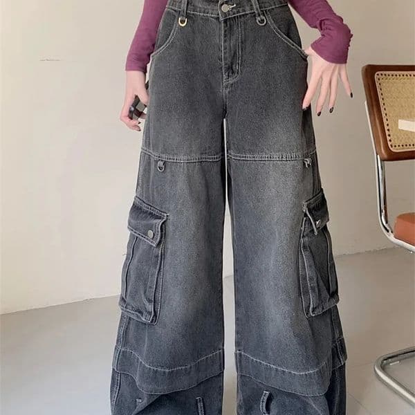 Spodnie Y2K Streetwear Multi Pockets Baggy Jeans Cargo Pants For Women 90S Clothes Vintage Harajuku Wide Leg Lady Trousers 240822