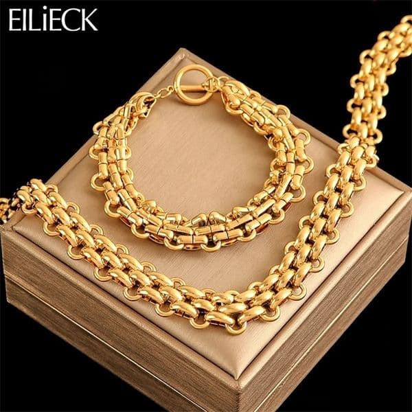 EILIECK 316L Stainless Steel 18K Gold Plated Cuban Chain Declaration Necklace Bracelet Set Charm Fashion Women Waterproof Jewelry 241018bj