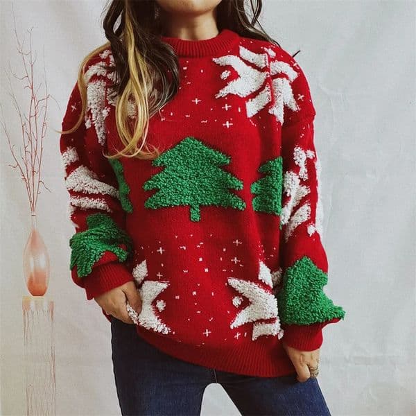 OMCHION Green Christmas Sweater Fashion Tree Embroidery Knitted Casual Loose Retro Womens Knitted Sweater 241031