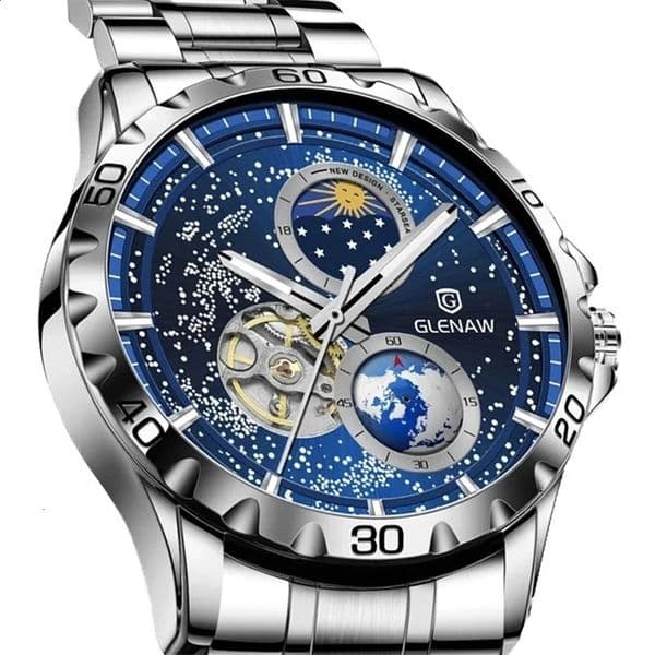 GLENAW Rotating Earth Double Second Hand WristWatch Men Automatic Mechanical Watch Starry Sky Stainless Steel Leather Watchband 240906