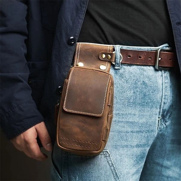 NUPUGOO leather waist bag mens retro phone bag mini pocket wear-resistant strap pen holder 241023bj
