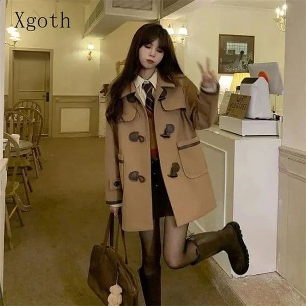 Ladies Coats Thickened Turndown Collar Single Row Cow Horn Button Midlength College Style Reduced Age Woolen Coat Women Clothing 240822