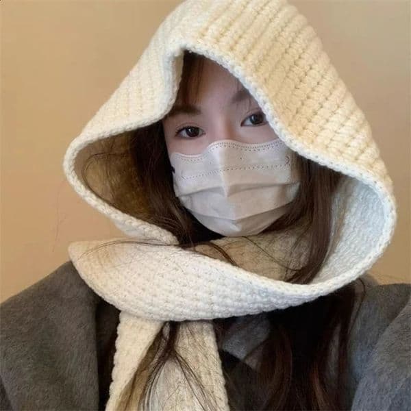 Winter Knitted Balaclava Womens Hat Solid Color Warm Bean One Piece Scarf Wool Hat Outdoor Windproof Earrings 241121