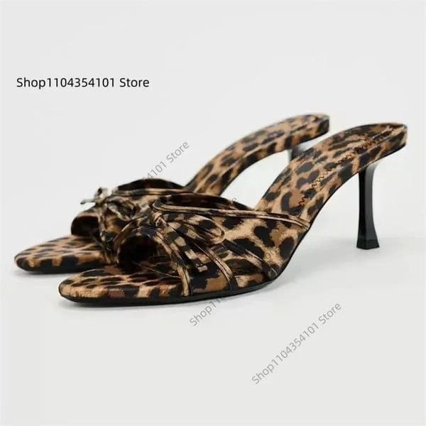 European and American High Quality Women Shoes Bow Knot Leopard Print High Heel Slippers Women Slippers Tacones altos 250221