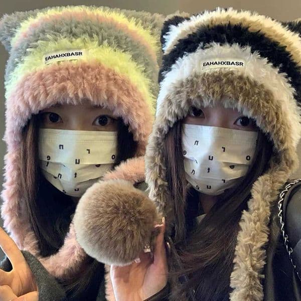 Y2k Cat Ear Knitted Caps Autumn Winter Women Girls Handmade Warm Striped Plush Wool Caps Outdoors Fashion Soft Hats Cute GiftsXJ250923