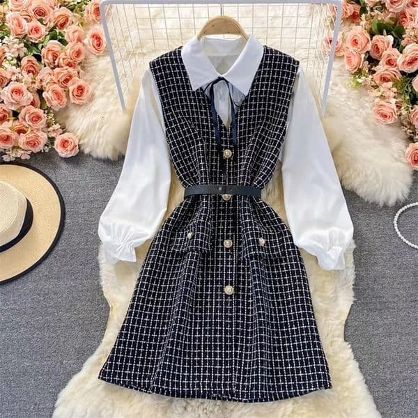 Autumn Fashion Tweed 2 Piece Set Women Lapel Collar Long Sleeve White Shirt Tops Single Breasted Plaid Vest Belt Dresses Suits 240823