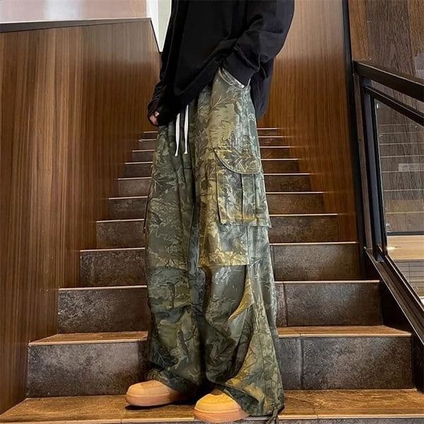 national trend retro camouflage uniform mens Y2K streetwear retro Harajuku multi pocket straight casual pants 241021