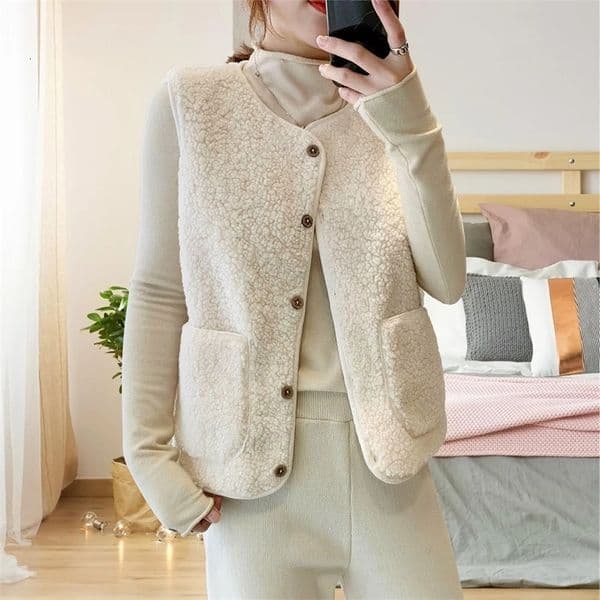 WomenS Teddy Fleece Vest Autumn Thin Vest Sleeveless Coat Plain Plush Vest Short Jacket Loose Fleece Vest Women Outwear 241120