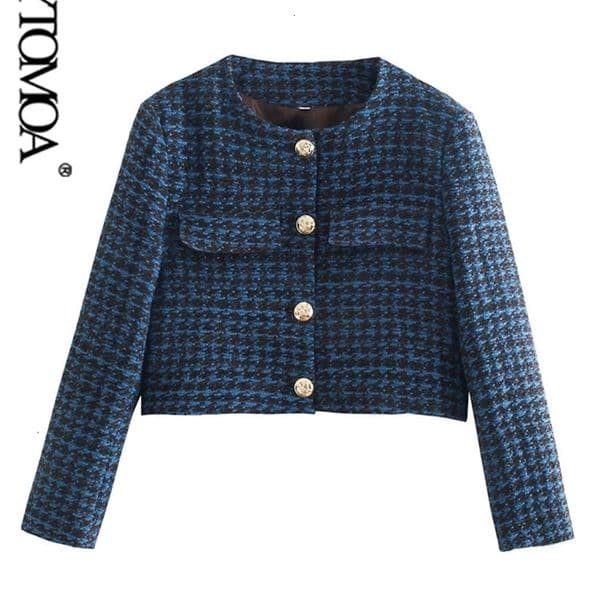 Women's Suits Blazers KPYTOMOA Women Fashion With Metal Button Tweed Crop Blazer Coat Vintage O Neck Long Sleeve Female Outerwear Chic Veste Femme 230223