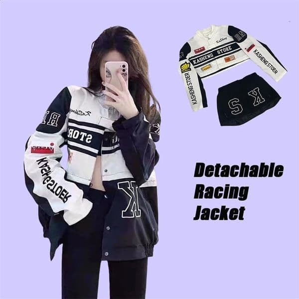 Spring Detachable Motorcycle Racing Jacket with Skirt Separation Set Women Vintage Motor Autumn Coat Korean Y2K Harajuku Clothes 240827