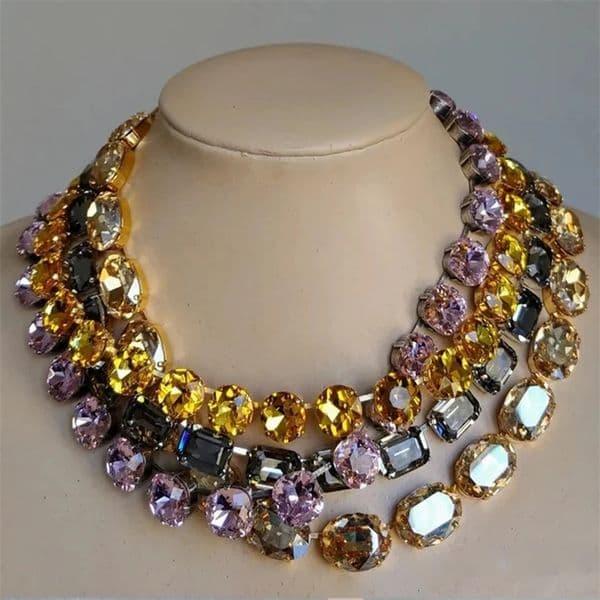 Shiny Yellow Color Rectangle Glass Crystal Necklace For Women Grey Copper Inlaid Vintage Classics Wedding Bridal Party Jewelry 240428