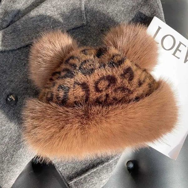 Retro Leopard Plush Ears Bucket Hat Thicken Plush Warm Fur Hat For Women Cold Snowy Day Panama Cap Plush Windproof Fisherman HatXJ250923