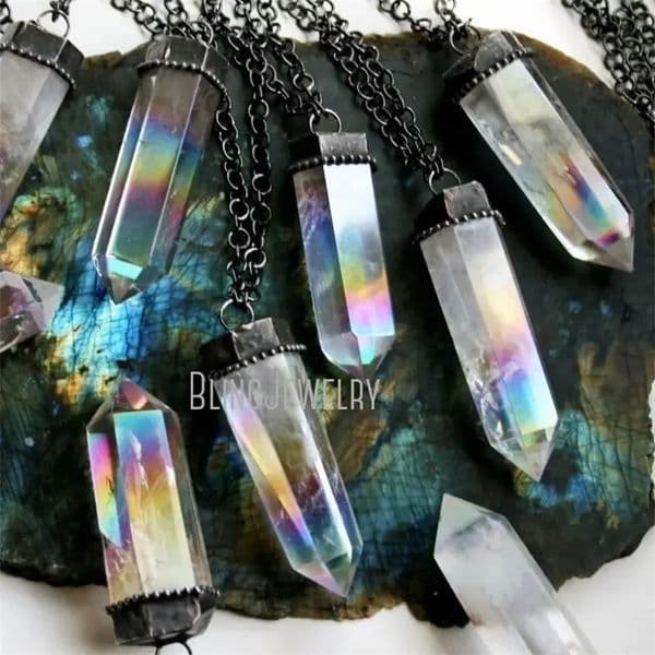 10pcs Angel Aura Quartz Crystal Tower Steel Chain Necklace Rainbow Obelisk Women Halloween Jewelry Gothic Goth Y2k Accessories 240715