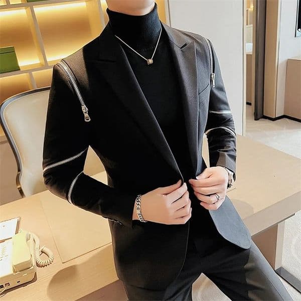 Men Slim Fit Casual Suit Jacket Wedding Business Dress Blazer Banquet Singer Stage Men Clothing Zipper Decoration Tuxedo 240729