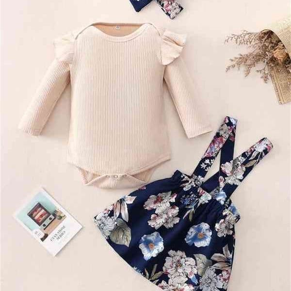 Baby Ruffle Trim Bodysuit & Floral Print Pinafore Skirt & Headband SHE
