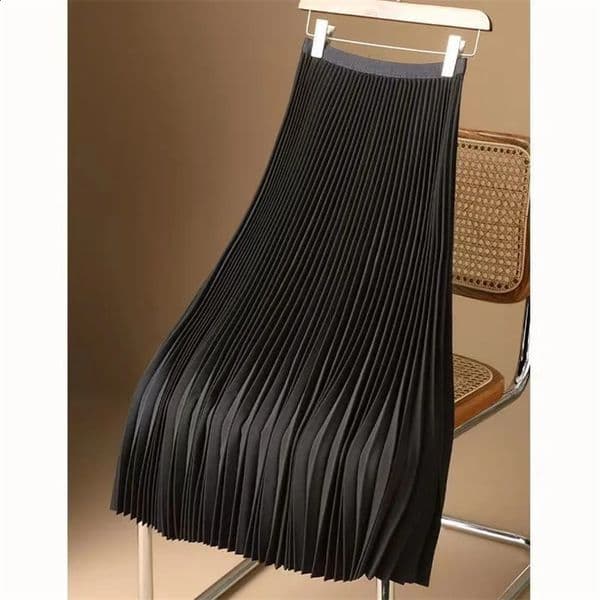 Women Vintage Midi Skirt Wide Elastic Waistband High Waist Pleated A-Line Skirt Summer Solid Color Smooth Satin Long Skirts 250427