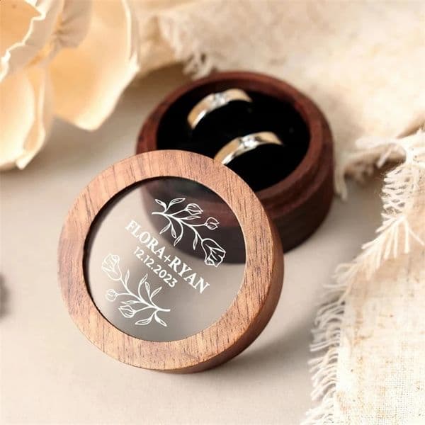 Free Custom Walunt Wood Ring Box Wooden Engraving Wedding Proposal Engagement Round Wood Free Custom Name and Date Ring Box 250106