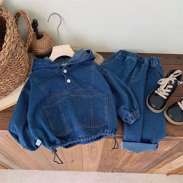 Clothing Sets Autumn In Kids Denim Set 2pcs 17 Years Fashion Hooded Patchwork Top Outerwear Coat Solid Pants 231025