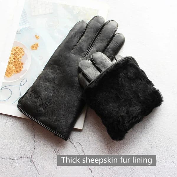 Winter Thickened Warm Leather Gloves Men Enlarged Sheepskin Fur Lining Outdoor Wind and Cold Resistant Motorcycle Riding 241226