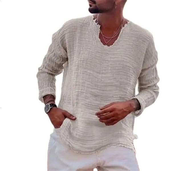Mens Patchwork T-shirt Men Long Sleeve Fashion Ripped Cotton Tops Latest Summer Casual Linen Pullovers Sexy Mens clothing 240823