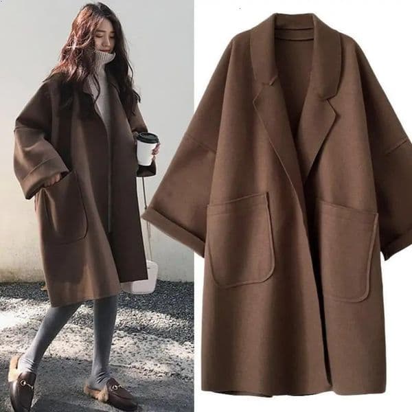 Elegant wool trench coat womens winter retro windproof jacket medium long loose collar plus size 4XL cardigan 241122