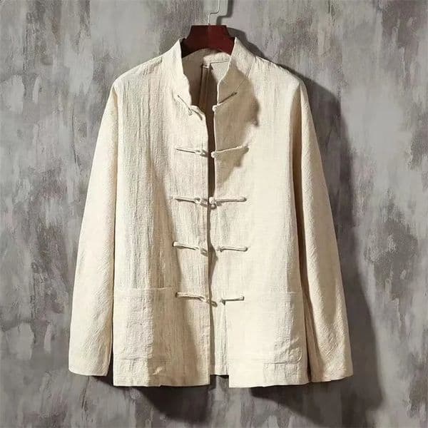 XXXXXL Plus Size Men Cotton Linen Shier Autumn Spring Men Collarless Long Sleeve Frog Button Loose Blouse Tops Oversized M-5XL 250206