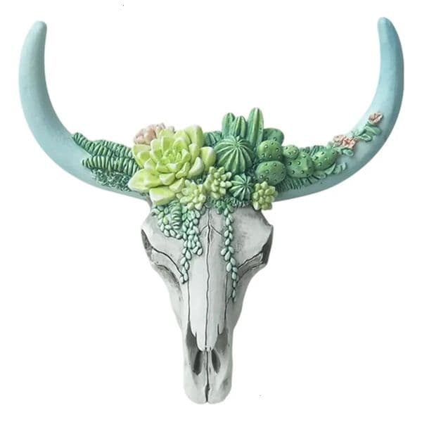 Retro Flower Cow Skull Ornaments Resin Longhorn Cow Skull Head Sculpture Bull Head Figurines Art Craft for Bar Hotel Living Room 240603