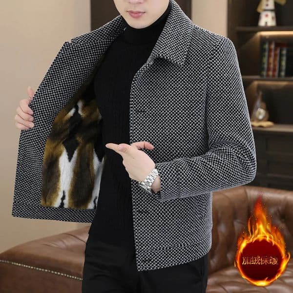 Korean winter wool jacket mens plush and warm short trench jacket plain casual business street jacket social mens clothing 241122