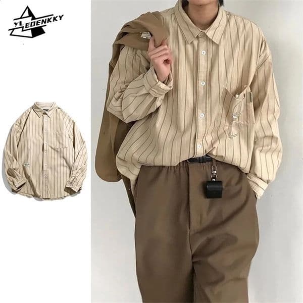 Japanese Vintage Shirts Men Women Harajuku Striped Loose Cardigan Coat Spring Autumn Thin Cargo Long Sleeves Casual Unisex Tops 240816