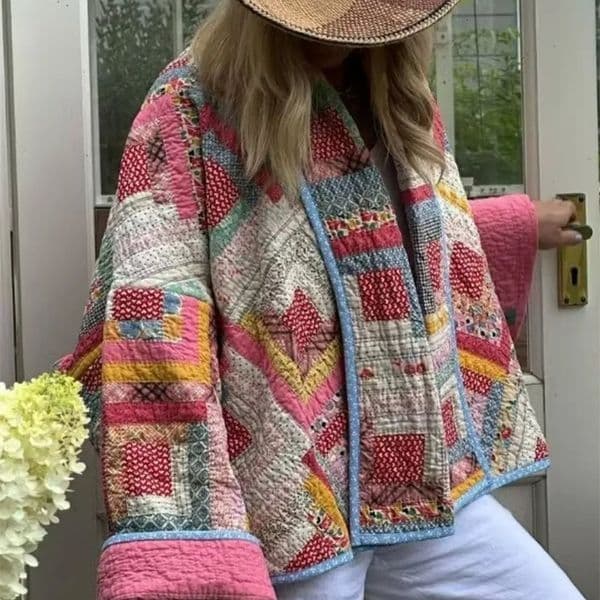 Womens Pink Vintage Print Patchwork Cotton Coats Parkas Long Sleeve Casual Short Jackets Tops Female High Street Outerwear 240729