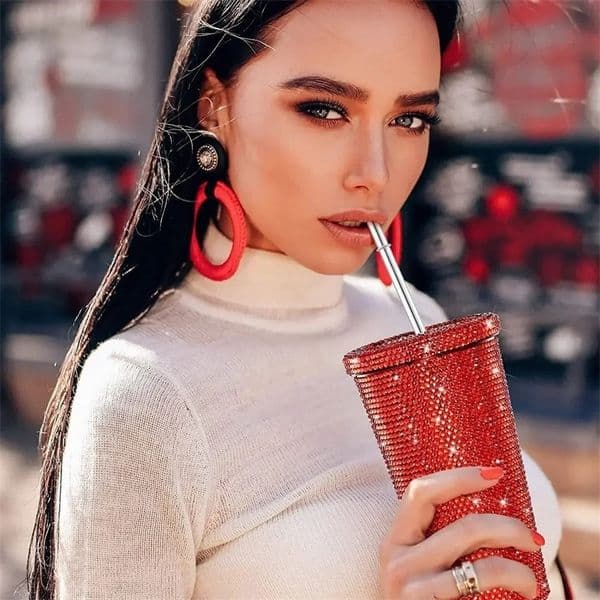 500ml Double Layer Thermos Cups Women Glitter Cup Water Bottle Gift Reusable Straw With Lid Rhinestone Stainless Steel 240425bj
