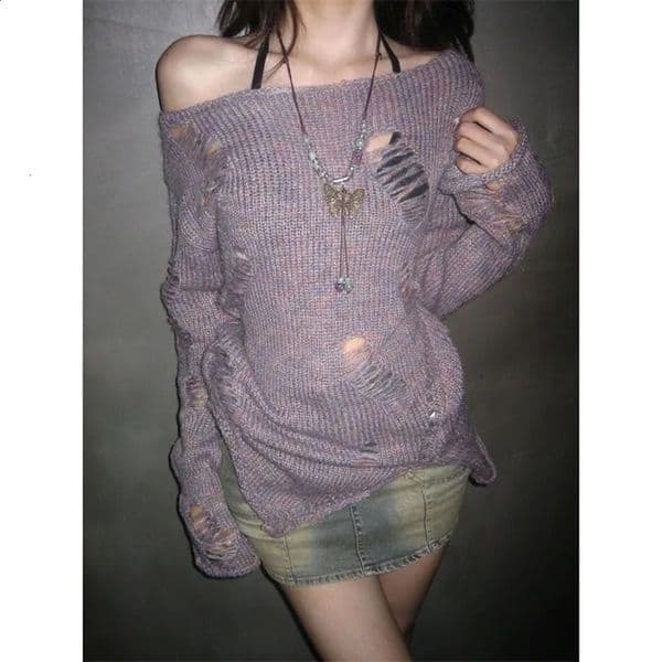 Deeptown Y2k Harajuku Women Sweater Hollow Out Off Shoulder Knitwear Loose Spring Pullover Vintage Gyaru Korean Fashion Coquette 240824