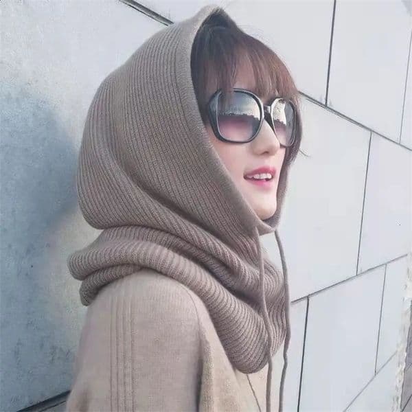 Womens cashmere wool hat bib womens winter thick knitted skull hat lapel earmuffs soft warm beanie hat 241121