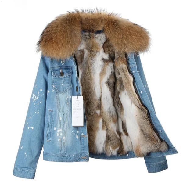 MAOMAOKONG Women Coat Denim Jacket Real Rabbit Fur Thick Lining Raccoon Fur Collar Bomber Jacket Warm 241220