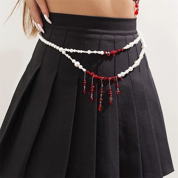 Salircon Punk Imitation Pearl Double Layer Waist Chain Gothic Red Crystal Bead Pendant Belly Chain Women Sexy Trend Body Jewelry 250514bj