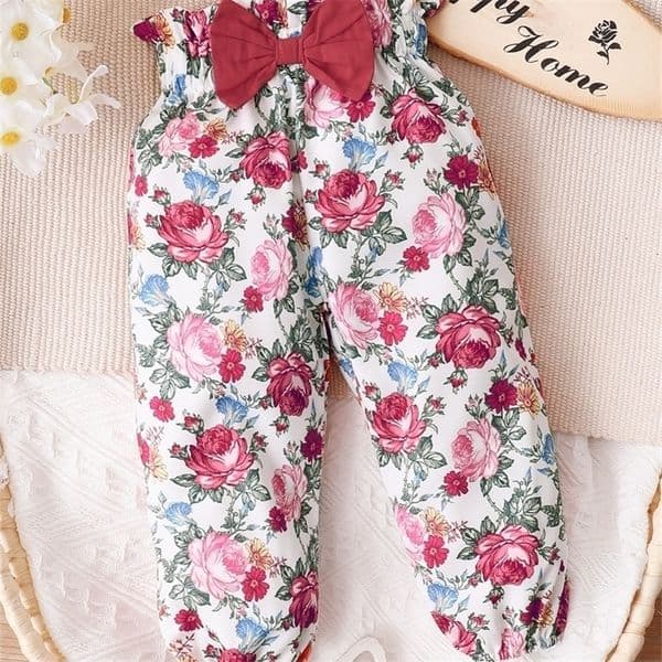 Baby Floral Print Paperbag Waist Bow Front Pants SHE