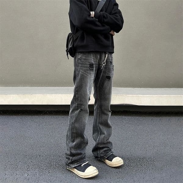 Ripped Jeans Men Black Streetwear Y2k Denim Pants Autumn Winter Casual Fashion Street Vintage Cool Stacked Straight Leg Trousers 240819