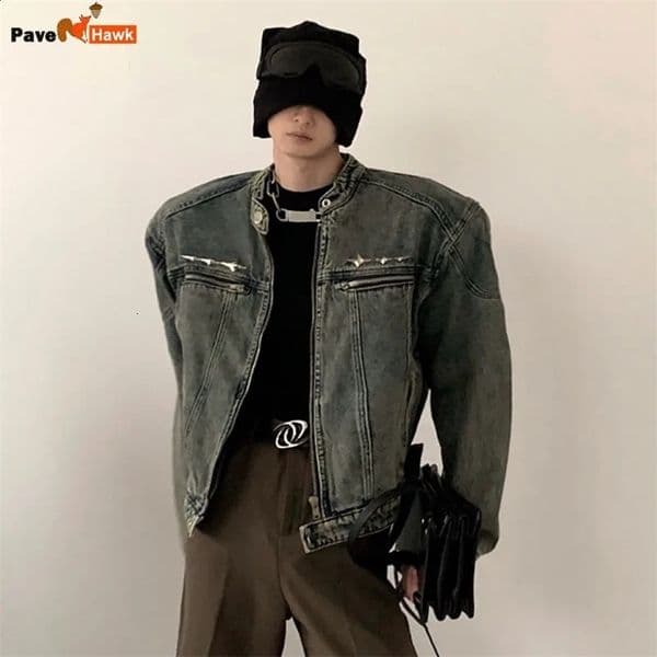 American Vintage Washed Short Denim Jacket Men Autumn Distress Coat 2024 Male Tops Fashion High Street Zipper Outwear 241209