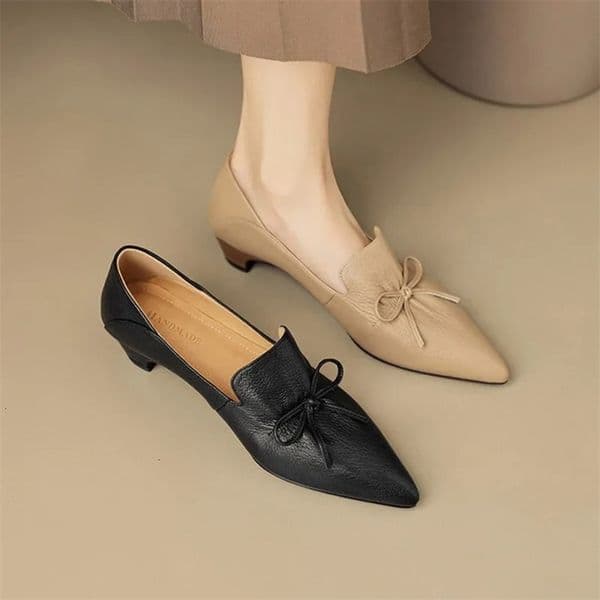 Phoentin office lady elegant black shoes Womens pointed Toe mid Heels 2024 Genuine leather retro pumps 250103bj