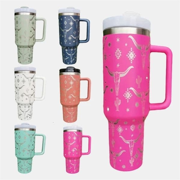 40 oz thermos cup with handle and straw lid stainless steel insulated travel outdoor laser goat 6 colors 240425bj