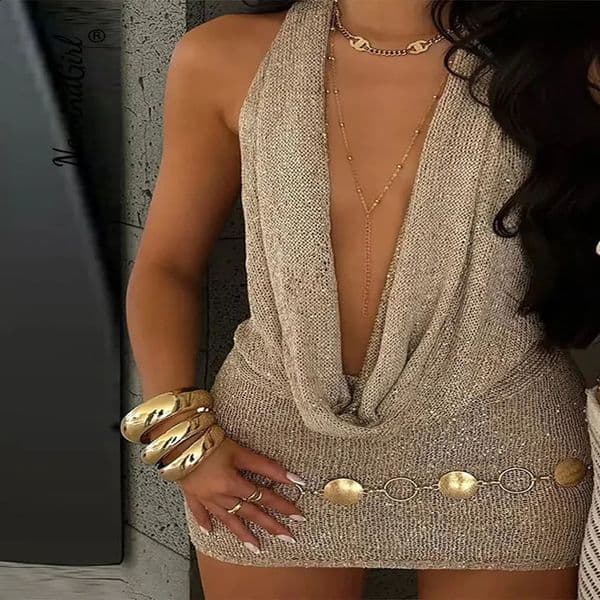 Sexy Sequin Halter Short Dress Women Backless Sleeveless Hip Package Party Dresses Female 2025 Summer Chic Night Club Robe Lady 250427