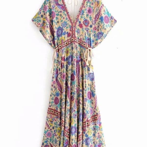 Vintage Chic Women Peacock Floral Print Bat Sleeve Beach Bohemian Maxi Dresses Robe Ladies V-neck Tassel Summer Boho Dress 240529