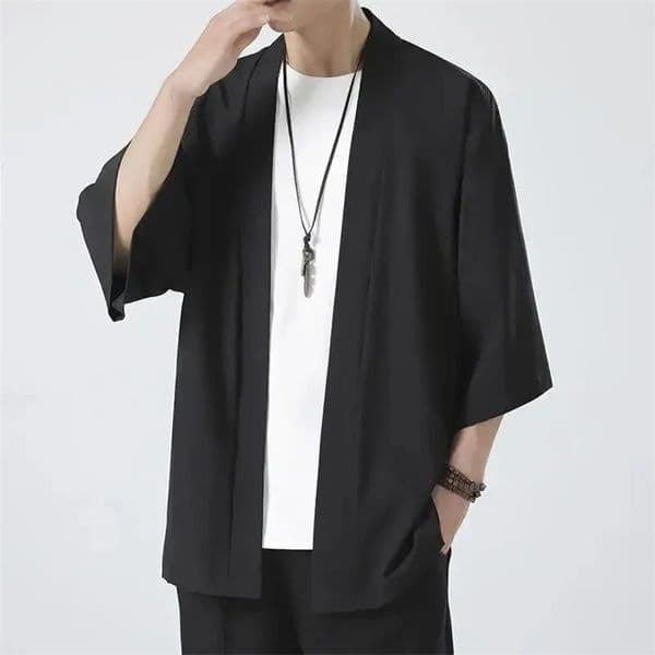 Mens Japanese Kimono Shirts Casual Open Stitch Lightweight Yukata Fashion Black Cardigan 34 Sleeve Outwear for Summer Vacation 250527
