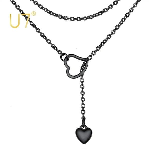 U7 Personalized Laser Engraving Name Stainless Steel Double Heart Pendant Necklace for Woman Stackable Choker Lariat Y Necklace 240626