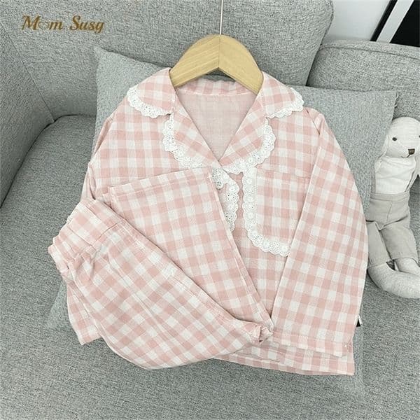 Baby Girl Plaid Pajamas Clothes Set Cotton Coat Pant 2PCS Spring Autumn Infant Toddler Child Lounge Suit Home 1 10Y 220715