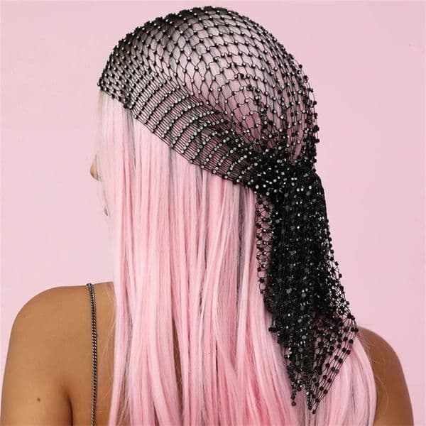 Fashion Women Bling Rhinestone Head Scarf Turban Hat Headband Crystal Mesh Cap Hair Snood Nets Headpiece Headwear Accessorie 240223