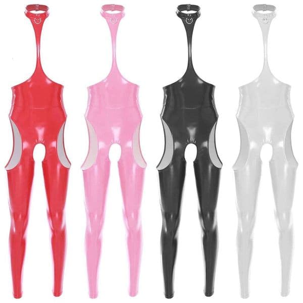 Women Cutout Open Crotch Patent Leather Jumpsuit Club Halter Sleeveless Hollow Out Zipper Catsuit Wetlook Tight-fitting Bodysuit